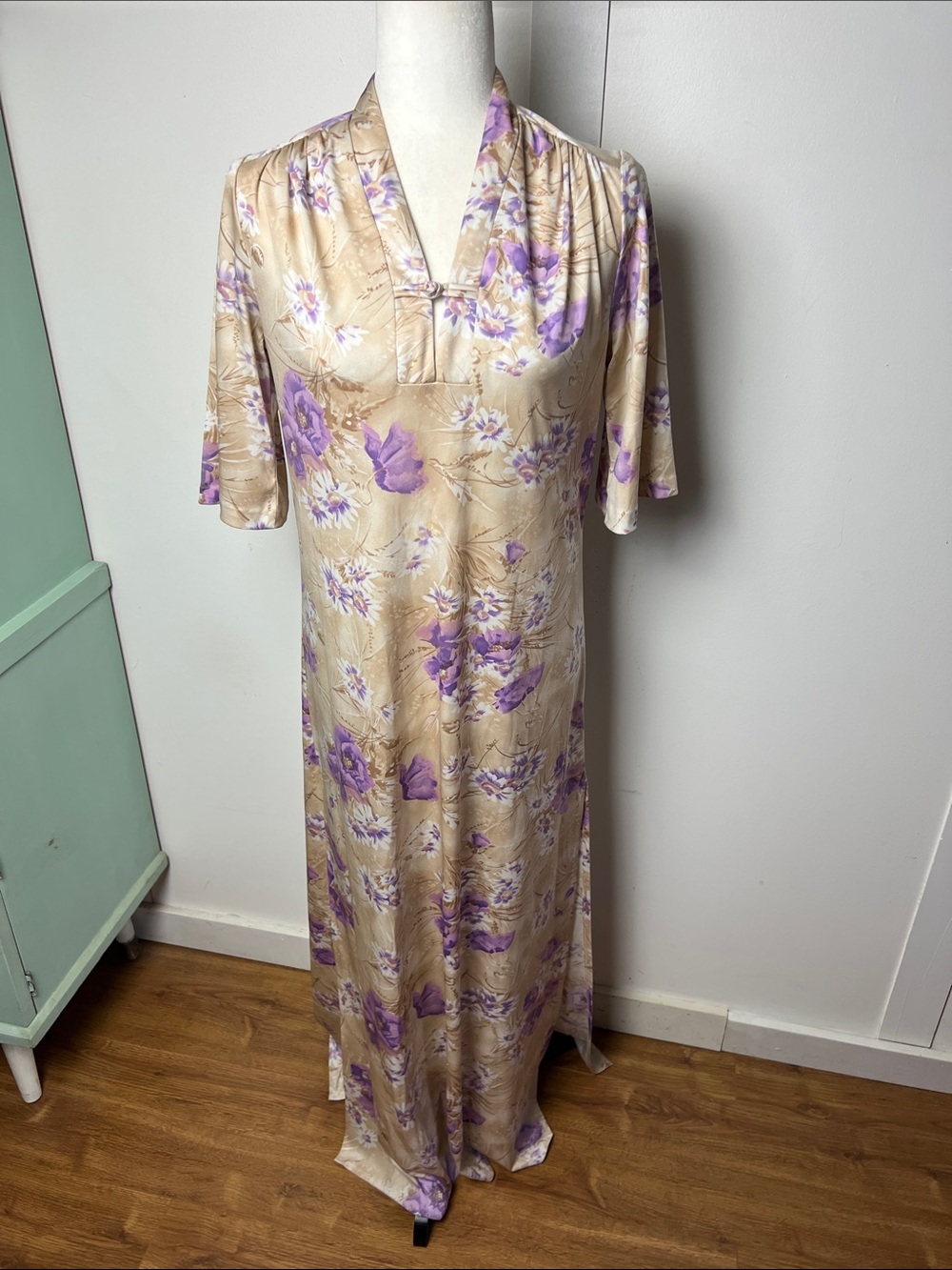 Vintage Floral Maxi Dress in Beige and Lavender with frog closure